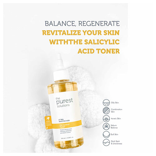 Key benefits of The Purest Solutions Salicylic Acid Oil Control Toner, including acne control, pore tightening, and oil balancing.