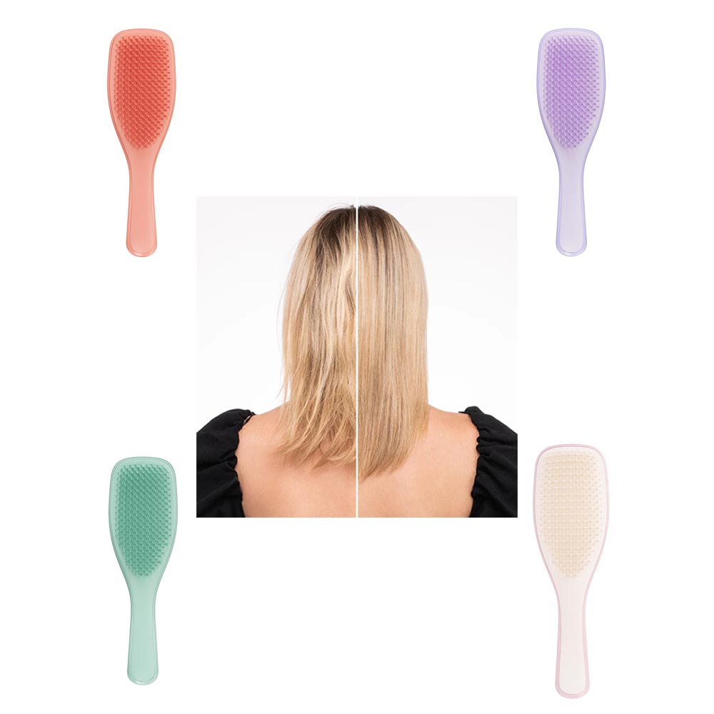 Tangle Teezer Ultimate Detangler Fine & Fragile Hairbrush in multiple colors, showcasing smooth, detangled, frizz-free hair results.