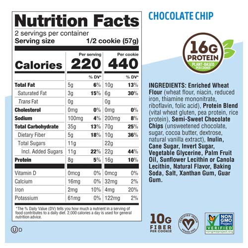 Detailed nutrition facts and clean ingredient list of Lenny & Larry's Chocolate Chip Complete Cookie.