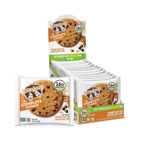 Box of 12 Lenny & Larry’s The Complete Cookie® Peanut Butter Chocolate Chip, packed with plant-based protein and fiber.