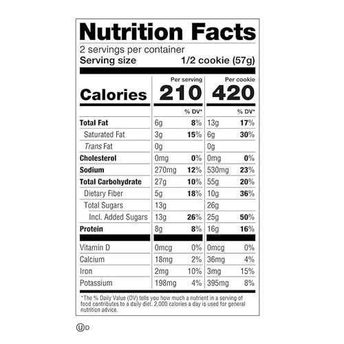 Nutrition facts and ingredient list for Lenny & Larry's Salted Caramel Complete Cookie, vegan and non-GMO.