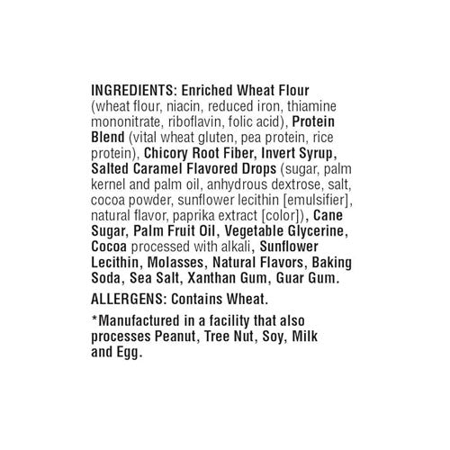 Nutritional highlights showing 16g plant protein and 10g fiber per Lenny & Larry's Salted Caramel Cookie.