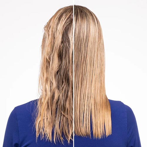 Blonde model with smooth, shiny hair after using Tangle Teezer The Original Hairbrush, showcasing detangled, frizz-free results.