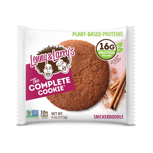 Lenny & Larry's Complete Cookie Snickerdoodle - vegan, 16g plant-based protein, 10g fiber, non-GMO, cinnamon-sugar flavor.