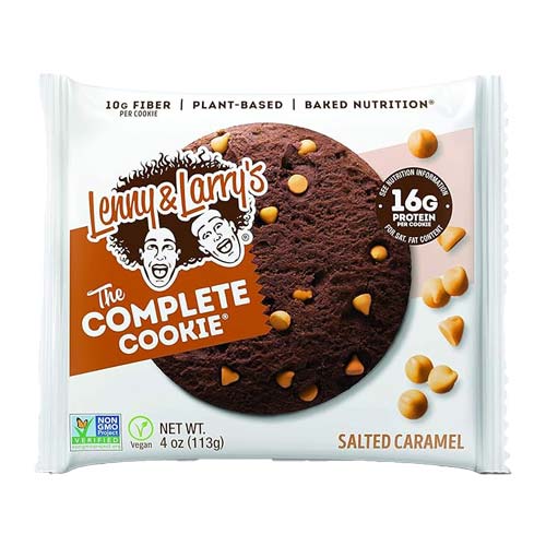 Lenny & Larry's Salted Caramel Complete Cookie, soft-baked, vegan, 16g protein, 4 oz packaging.