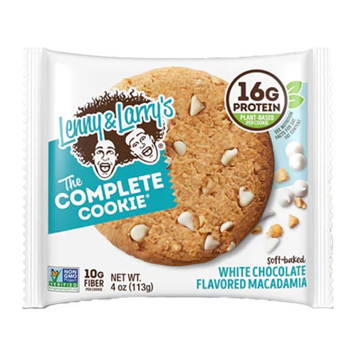 Lenny & Larry's The Complete Cookie® White Chocolate Macadamia, soft-baked with plant-based protein and macadamia nuts.