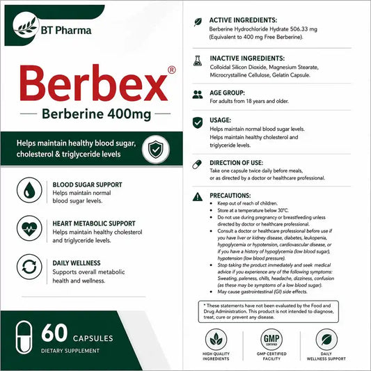 Berbex Berberine 400mg supplement facts and usage label