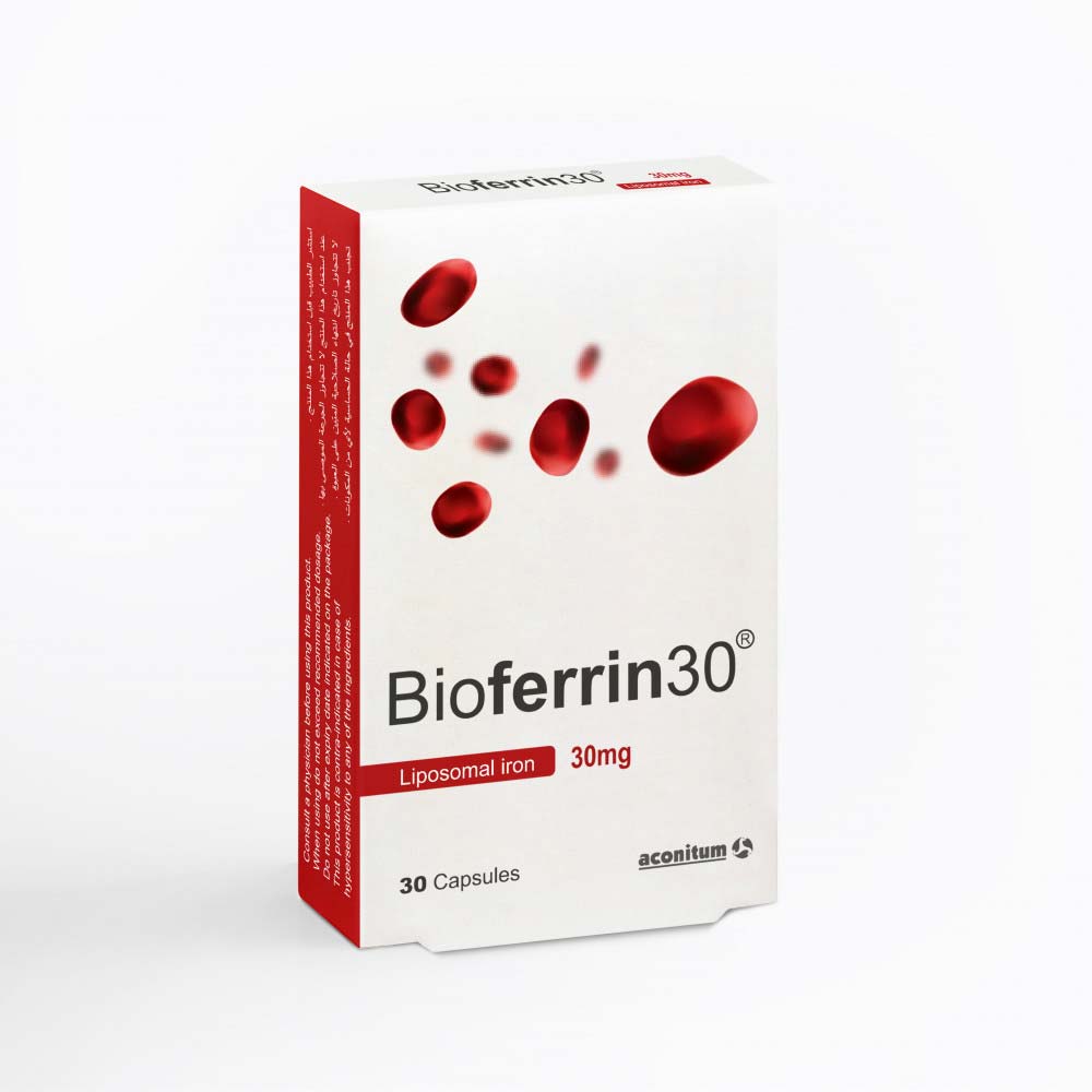 Bioferrin 30 capsules with liposomal iron, vitamin B12, and vitamin C for iron deficiency support.