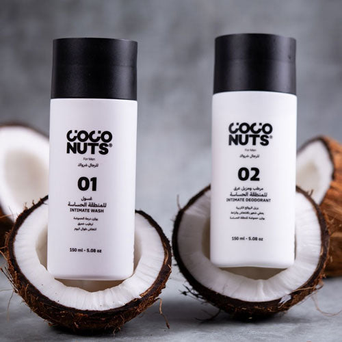 Coconuts Men’s Intimate Care Bundle – Intimate wash and deodorant placed inside a coconut, symbolizing natural freshness, hydration, and skin-friendly care.