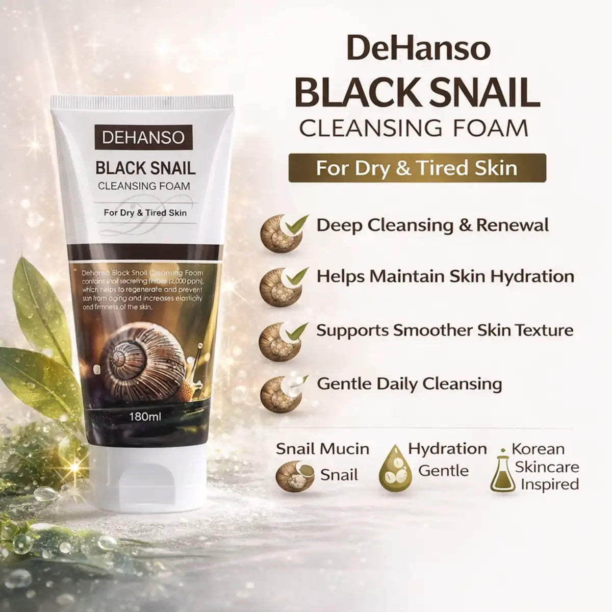 DeHanso Black Snail Cleansing Foam benefits image snail mucin cleanser for dry and tired skin hydration gentle daily cleansing Korean skincare