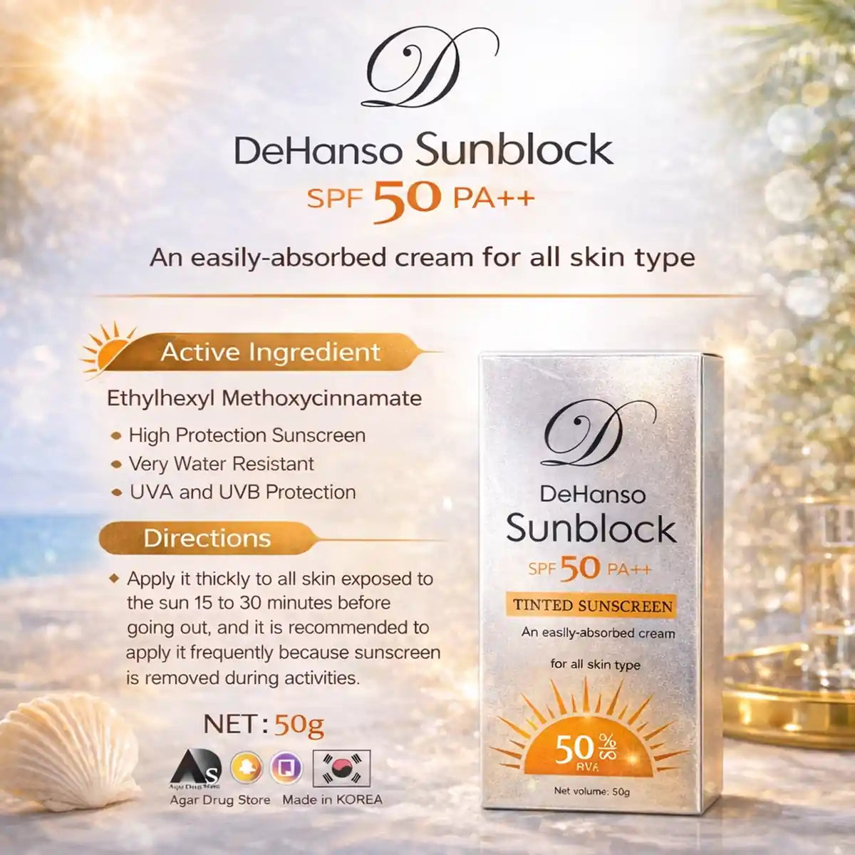 DeHanso Sunblock SPF 50 PA++ tinted sunscreen infographic showing active ingredient Ethylhexyl Methoxycinnamate and sun protection benefits