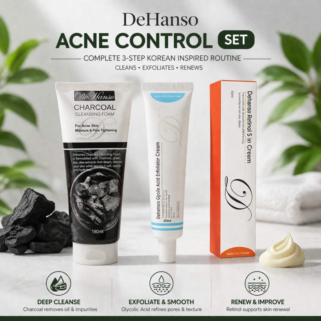 DeHanso Acne Control Set with charcoal cleanser, glycolic acid exfoliator and retinol cream for acne prone skin routine
