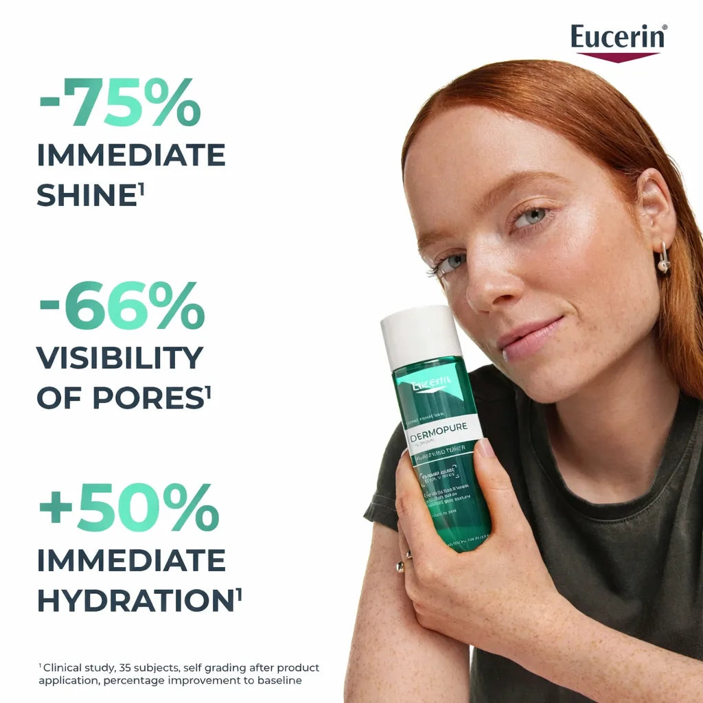 Model holding Eucerin DermoPure Purifying Toner showing clinical results for shine control, pore reduction and hydration