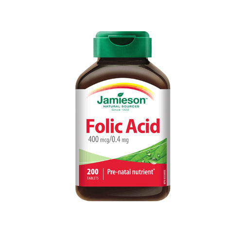 Bottle of Jamieson Folic Acid 400 mcg, 200 tablets, a prenatal supplement that supports red blood cell production and helps prevent neural tube defects.