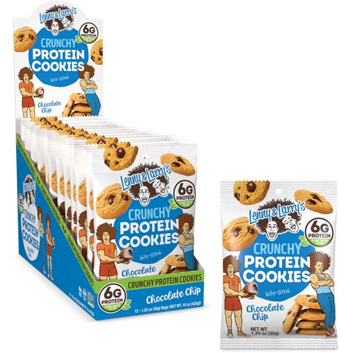 Lenny & Larry's Complete Crunchy Cookies Chocolate Chip box, featuring 12 cookies with plant-based protein and fiber.