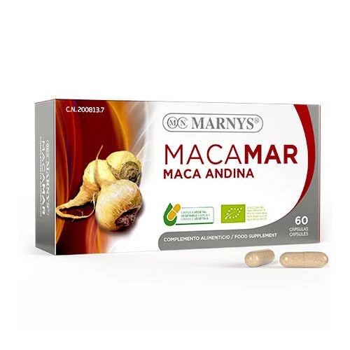 Marnys Macamar capsules with organic Andean Maca for energy, vitality, and sexual health. 60 plant-based capsules.