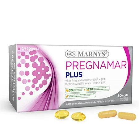 MARNYS Pregnamar Plus, 30 hard and soft gel capsules for maternal health, fetal development, and breastfeeding support.