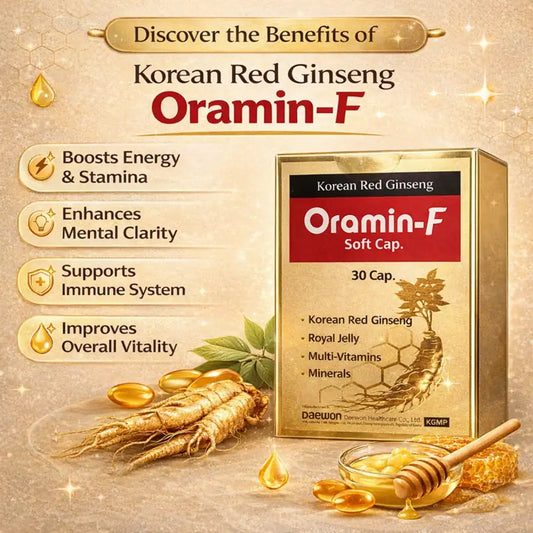 Korean red ginseng supplement Oramin-F box with soft capsules for vitality focus and immune support