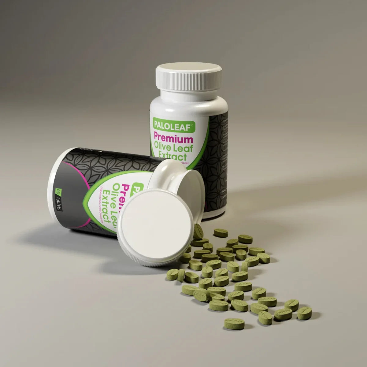 Paloleaf premium olive leaf extract tablets bottle with olive leaf tablets spilled standardized to 20 percent oleuropein
