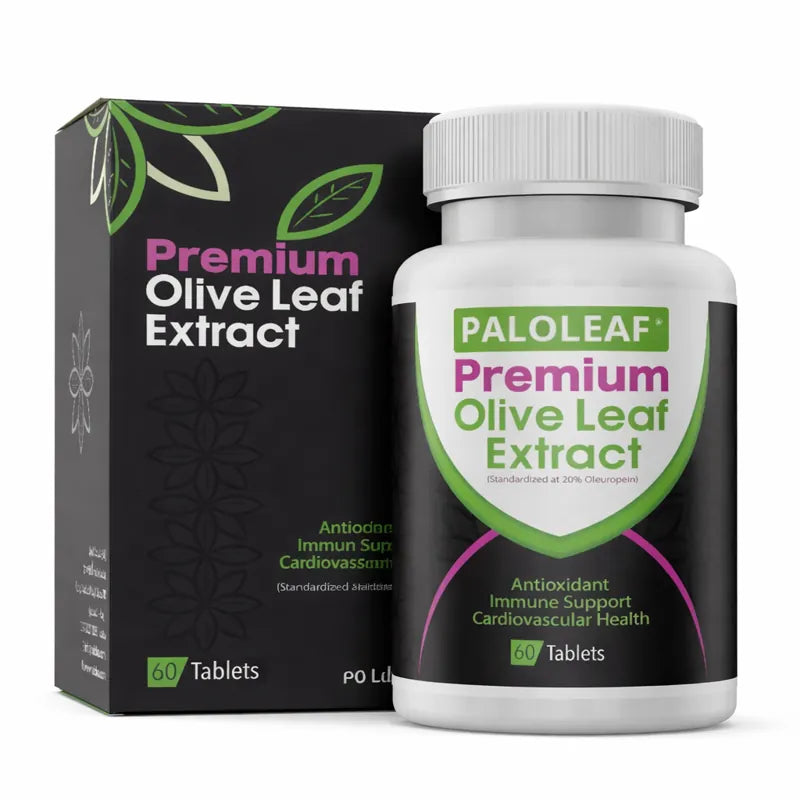 Paloleaf Premium Olive Leaf Extract tablets standardized to 20% oleuropein dietary supplement bottle and box