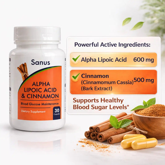 Alpha Lipoic Acid 600 mg and Cinnamon extract 500 mg active ingredients supporting healthy blood sugar levels