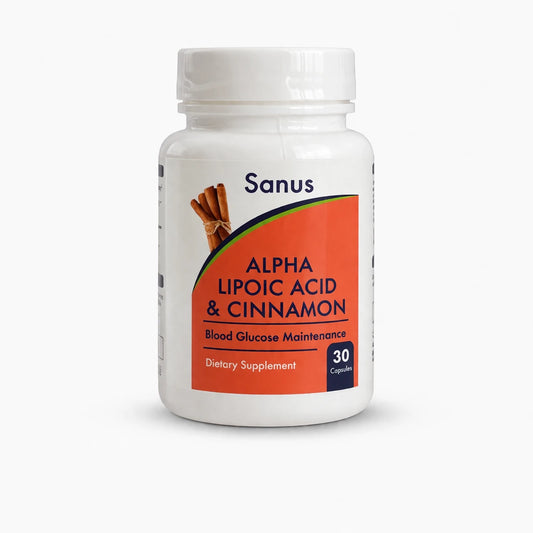 Sanus Alpha Lipoic Acid and Cinnamon capsules bottle for blood sugar support, 30 capsules dietary supplement