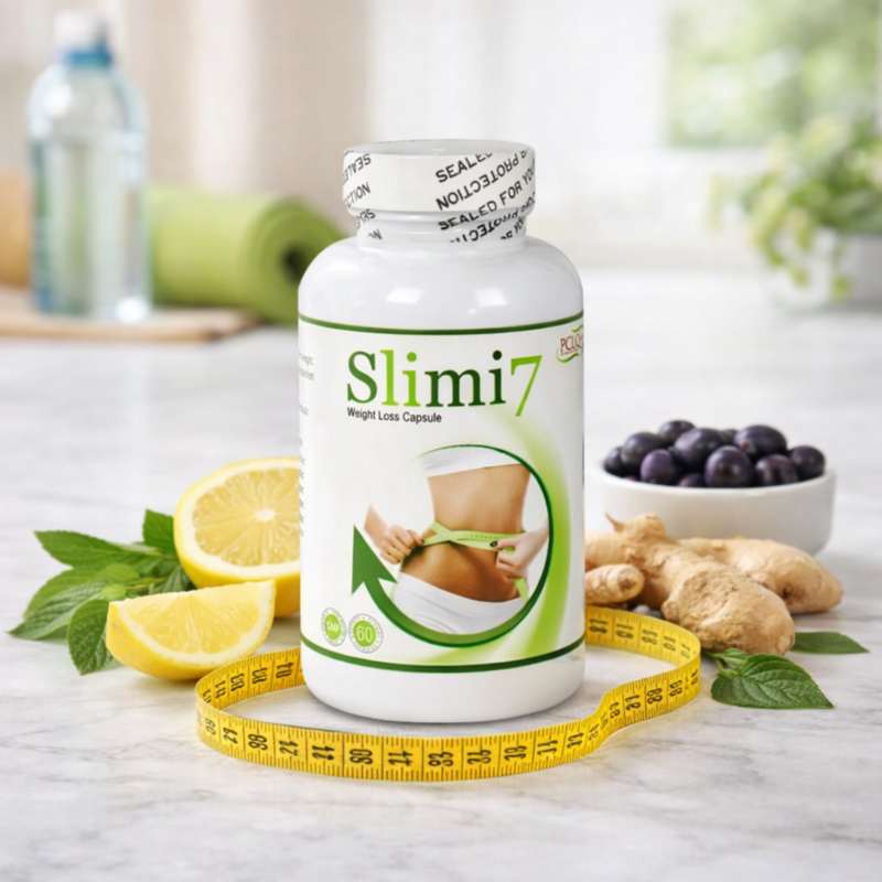 Slimi7 weight loss capsules bottle with lemon, green tea leaves, acai berries, ginger and measuring tape lifestyle scene