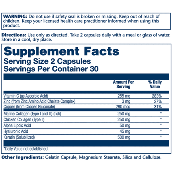 Solaray collagen keratin Supplement label with detailed ingredient list and usage instructions.