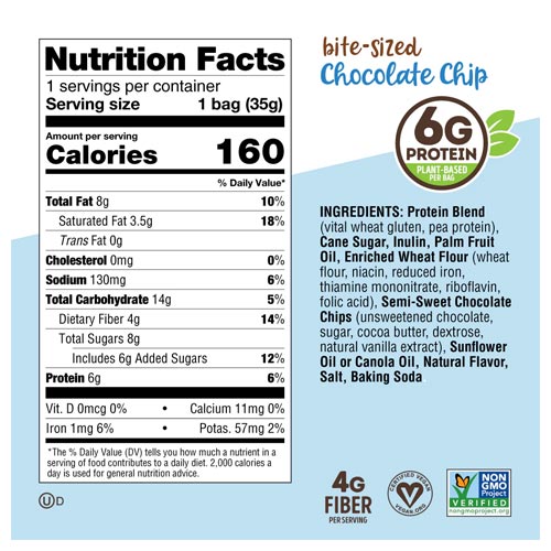 Nutritional facts for Lenny & Larry's The Complete Crunchy Cookies Chocolate Chip, including calories, fats, and ingredients.