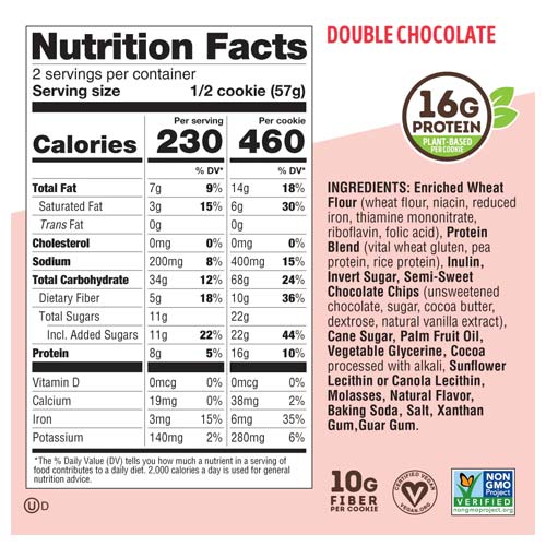 Lenny & Larry's Double Chocolate Complete Cookie ingredients: enriched wheat flour, cocoa, chocolate chips, and protein blend.