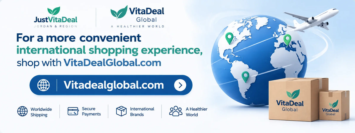 Promotional banner for VitaDeal Global featuring a blue globe with green location pins, a white airplane, cardboard shipping boxes branded VitaDeal Global, and text inviting shoppers to shop with VitaDealGlobal.com.