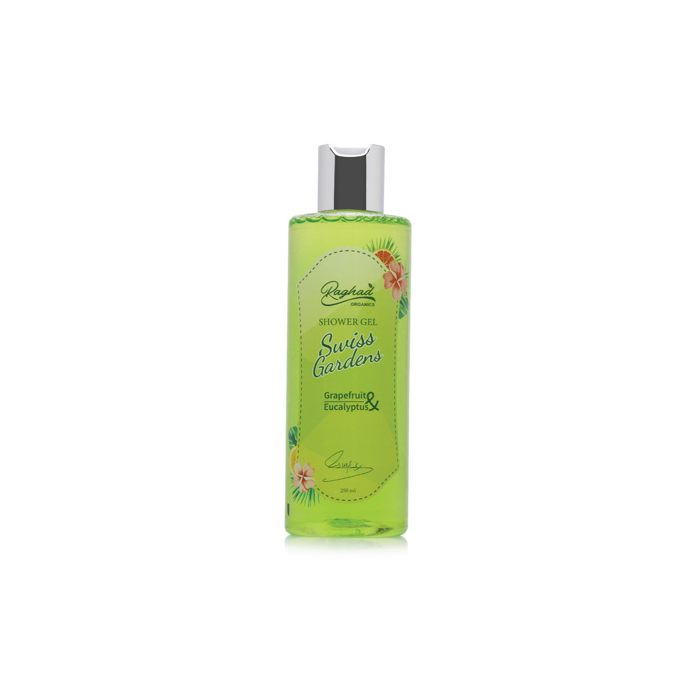 Raghad Organics Swiss gardens Shower Gel with Grapefruit and Eucalyptus bottle